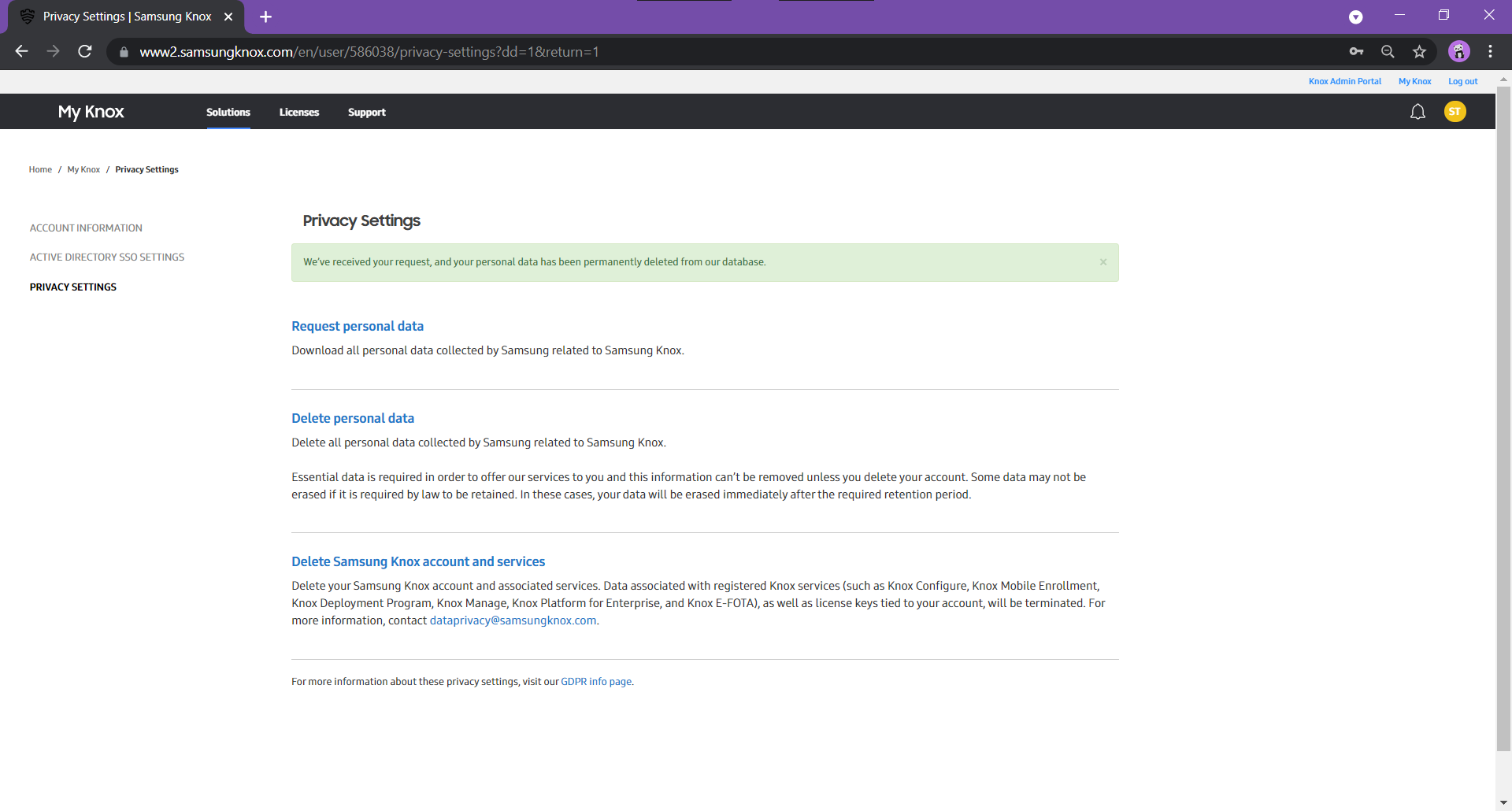 How do I request deletion of personal data collected by Samsung related