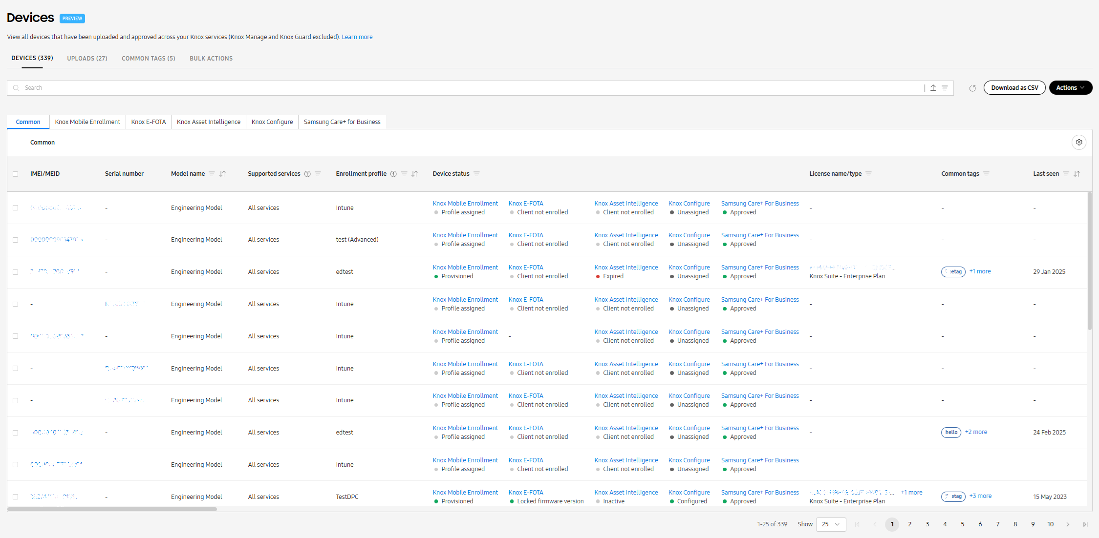 Knox Admin Portal common device list