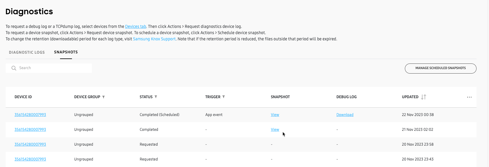 snapshots tab in diagnostics page