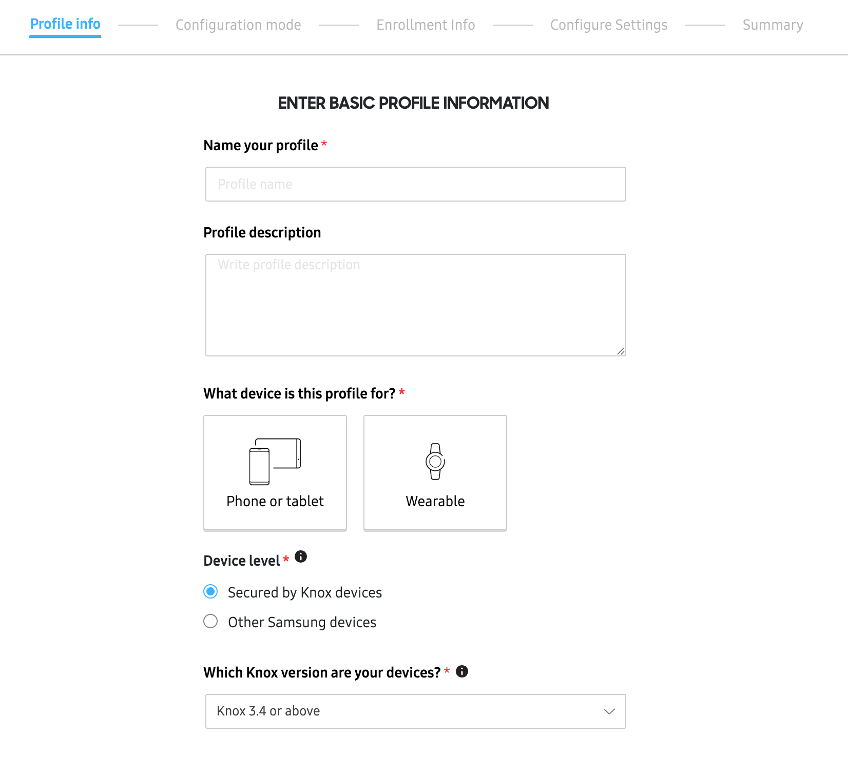 The basic profile information screen