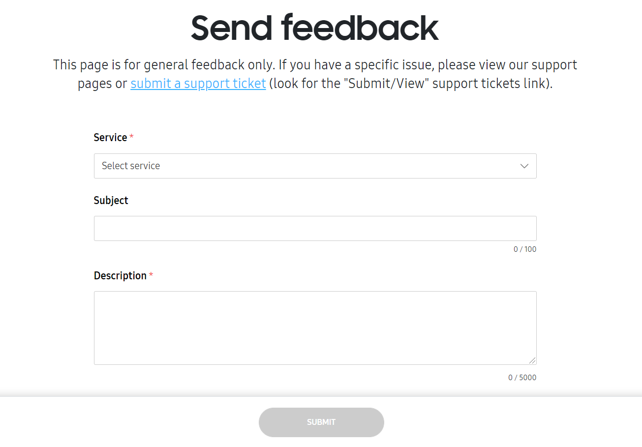 feedback form with fields for service type, subject, and a description