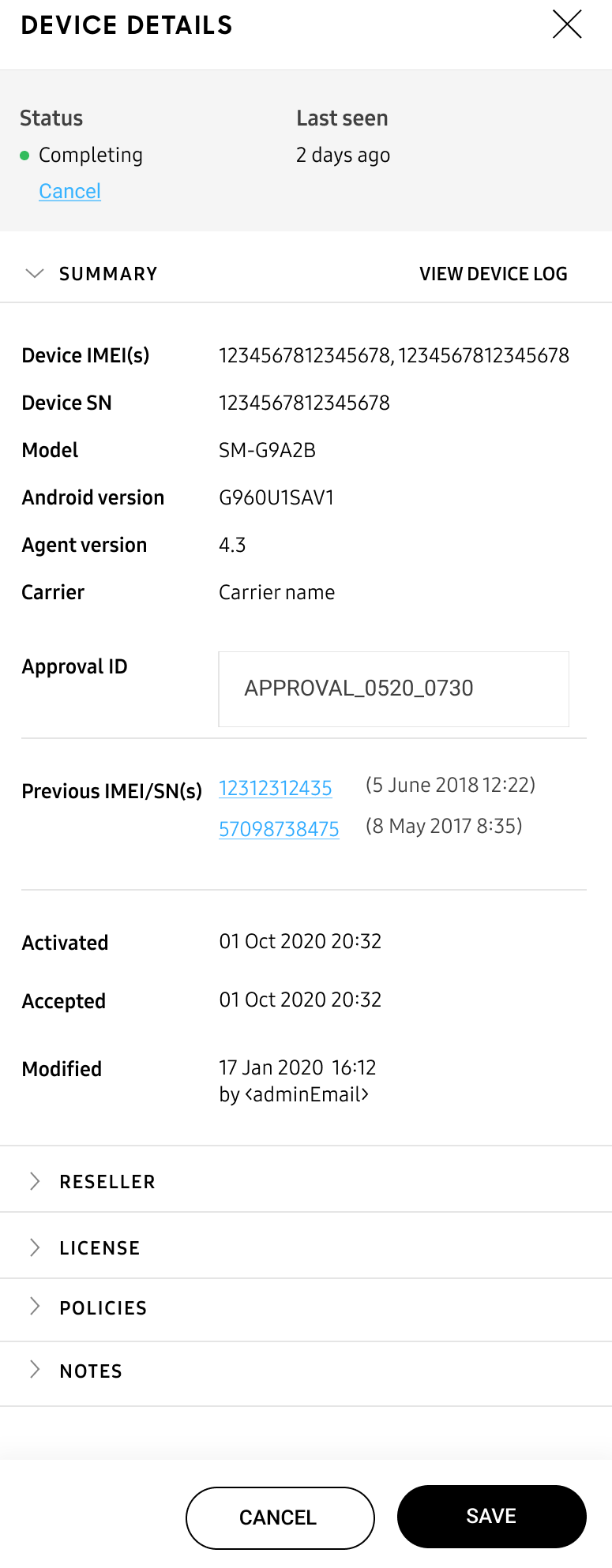 View the DEVICE DETAILS panel.