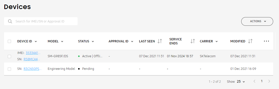 The devices table lists all available devices.