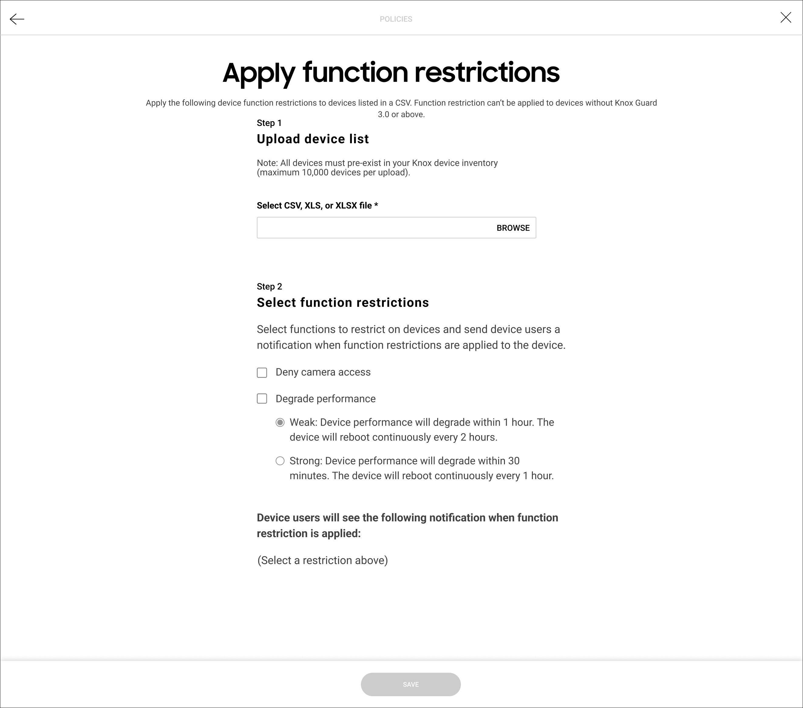 Apply function restrictions device action.