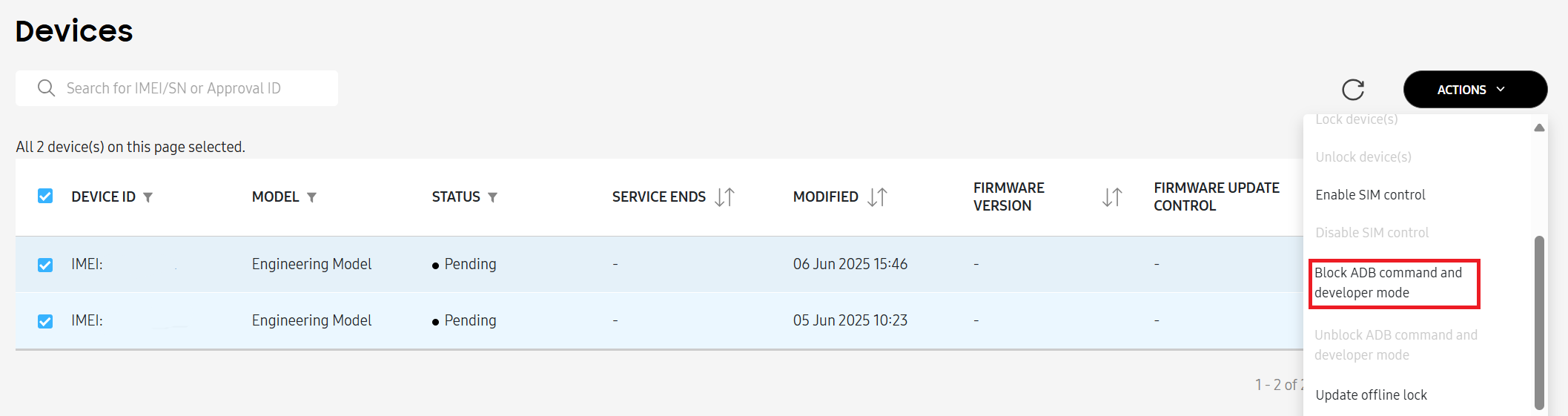 Action dropdown showing block/unblock adb command