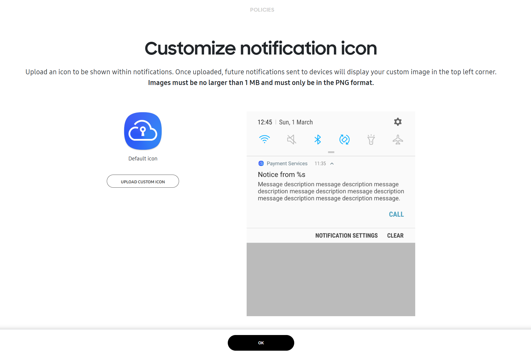 Customize notification icon policy screen in Knox Guard console.