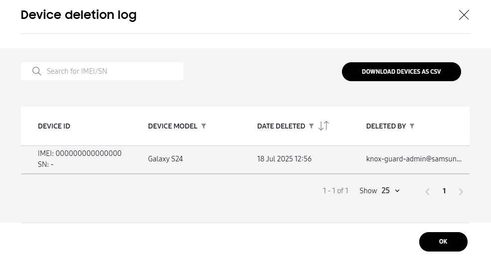 Device deletion history log.