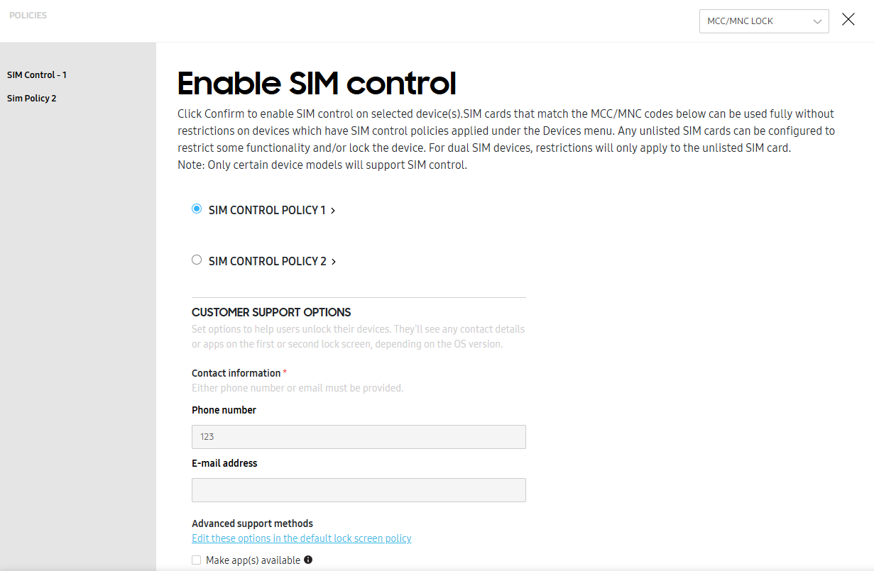 SIM control settings for individual devices.