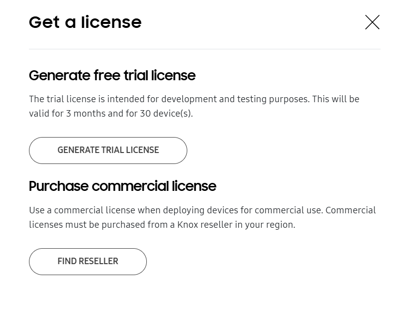 Generate a free Knox Guard trial license or purchase a commercial license on the Get a license panel.