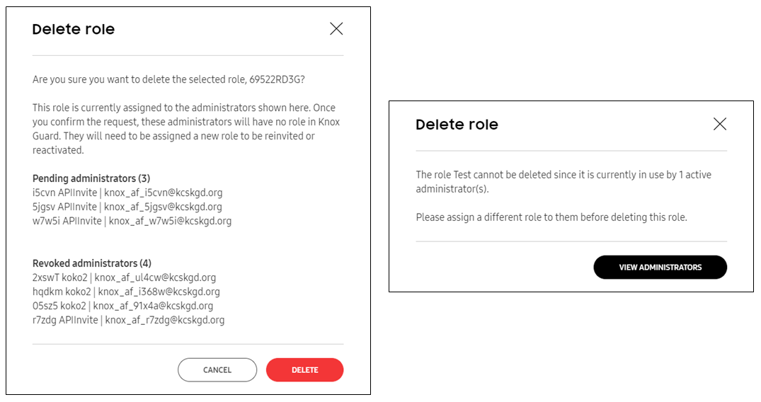 Click DELETE to remove the role from Knox Guard.