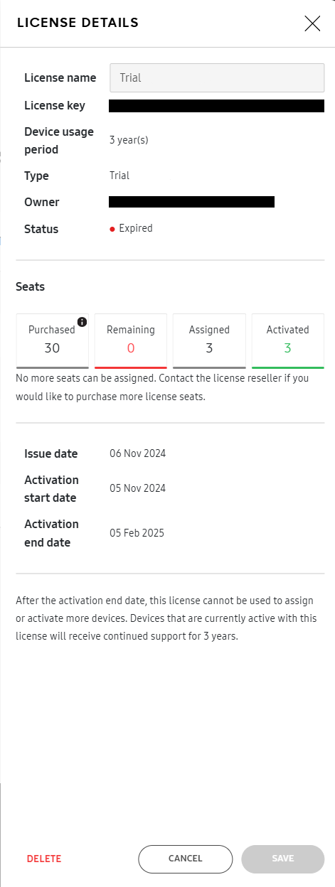 License details panel.