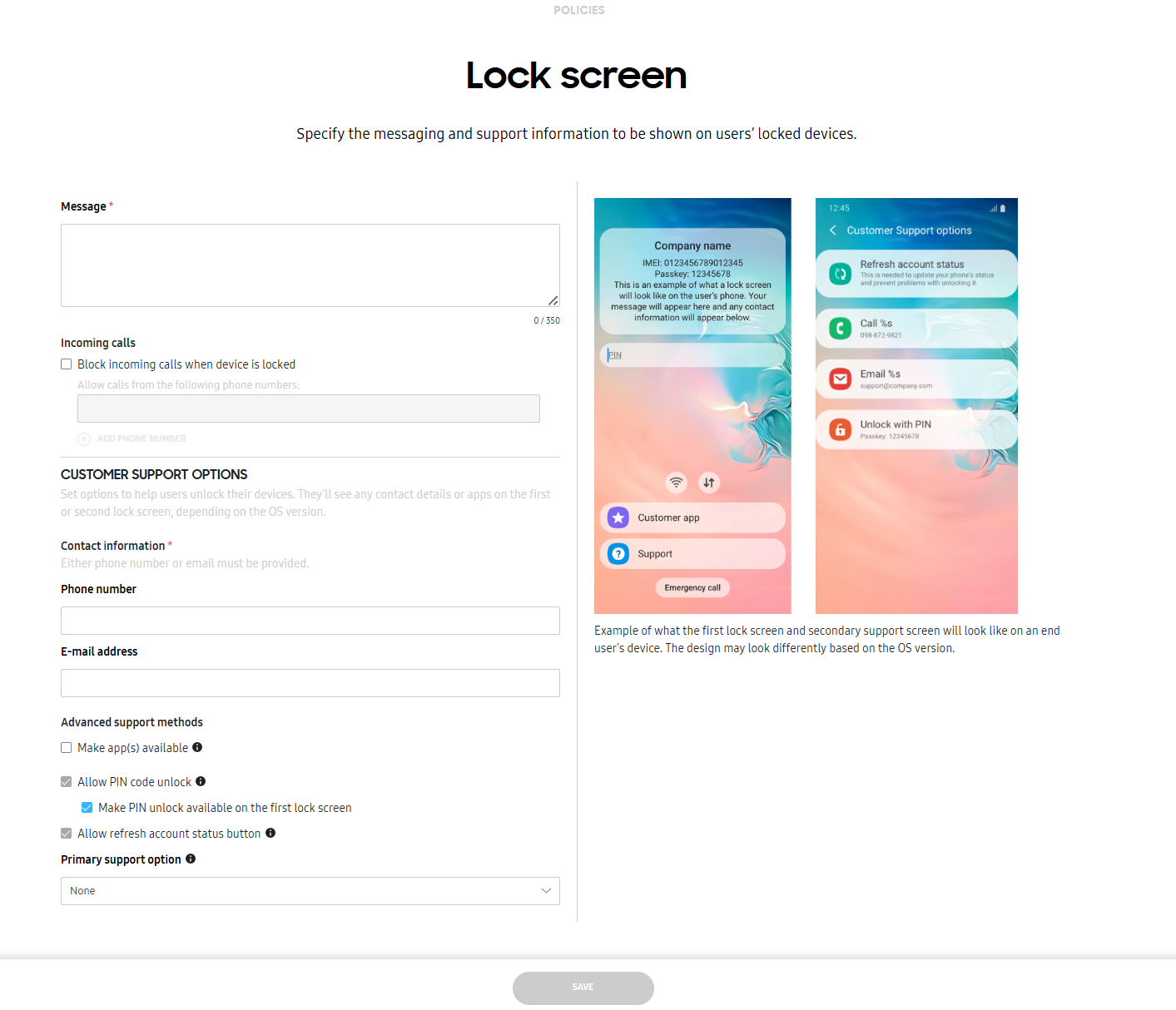 Lock screen policy page.