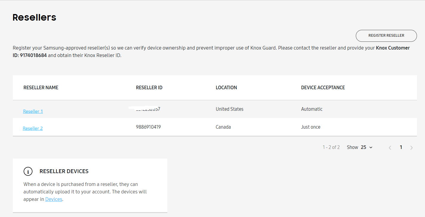 Resellers page on the Knox Guard console