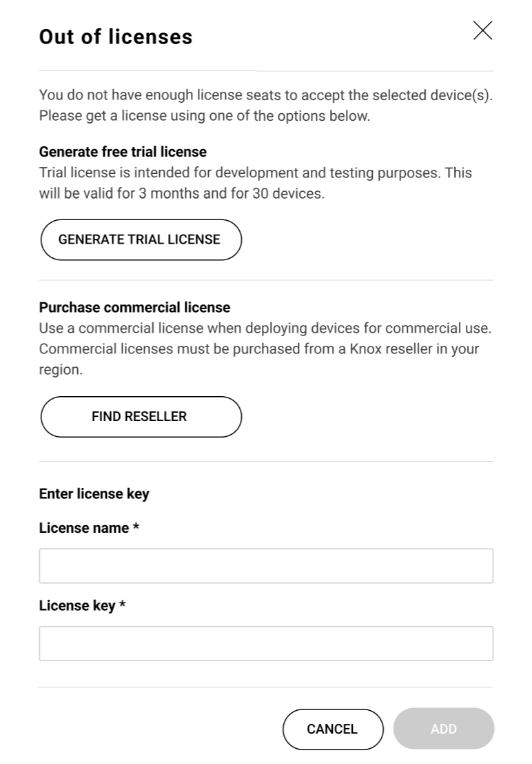 Out of licenses panel that displays when running out of license seats when accepting devices.