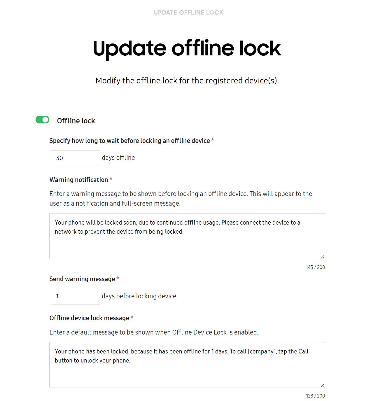 Update offline lock page showing the configuration options.