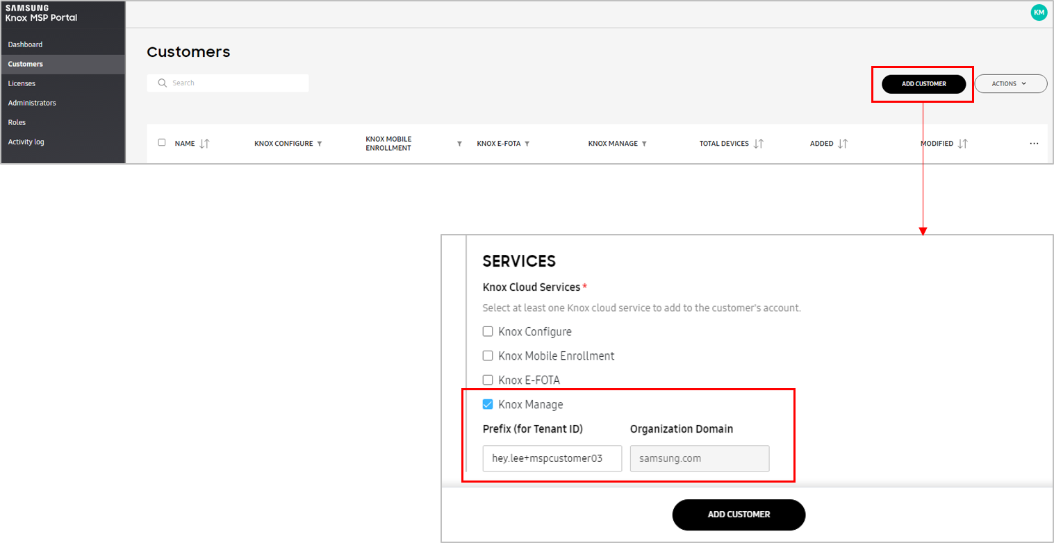 Available Add Customer options in the Knox MSP Portal.