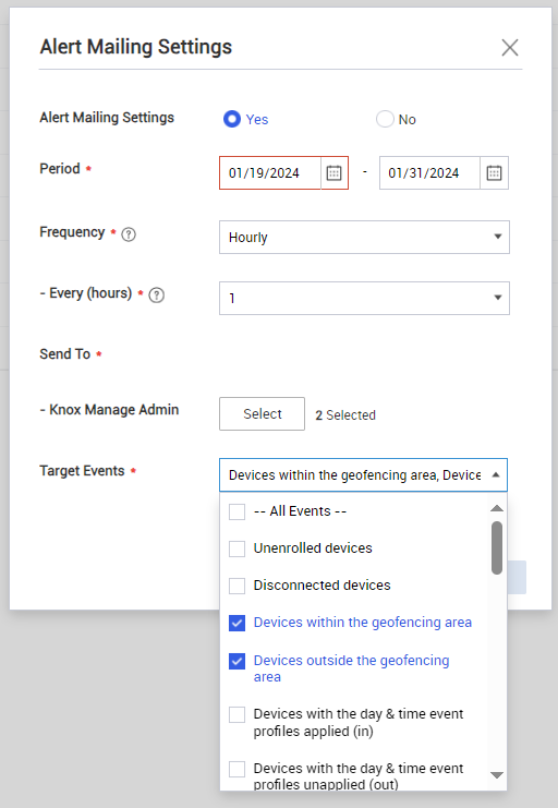 Alert mailing settings for devices in and out of the  geofencing area