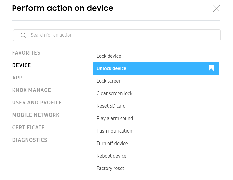 The Perform action on device dialog.