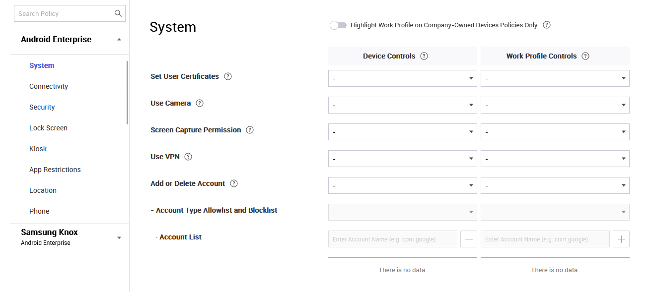 The Profile page with the Android Enterprise section expanded