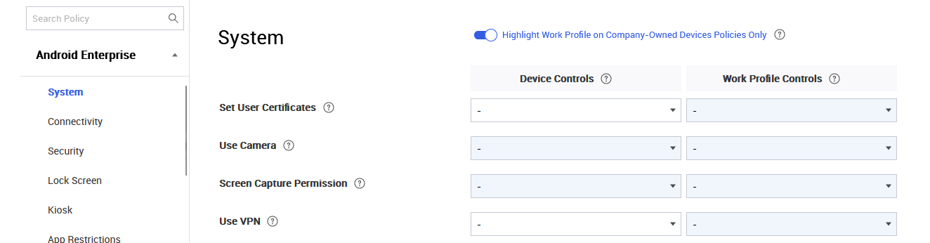 The Profile page with the option to highlight policies for work profile on company-owned devices turned on