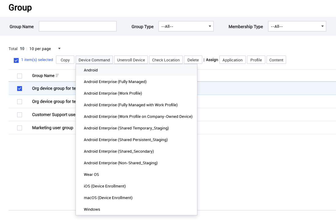 Sending device commands from the Group page