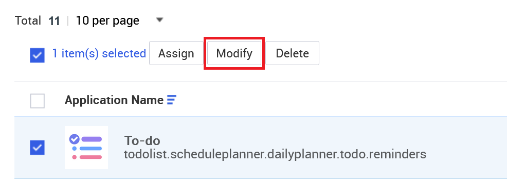 The app list with an app selected and the Modify button highlighted.