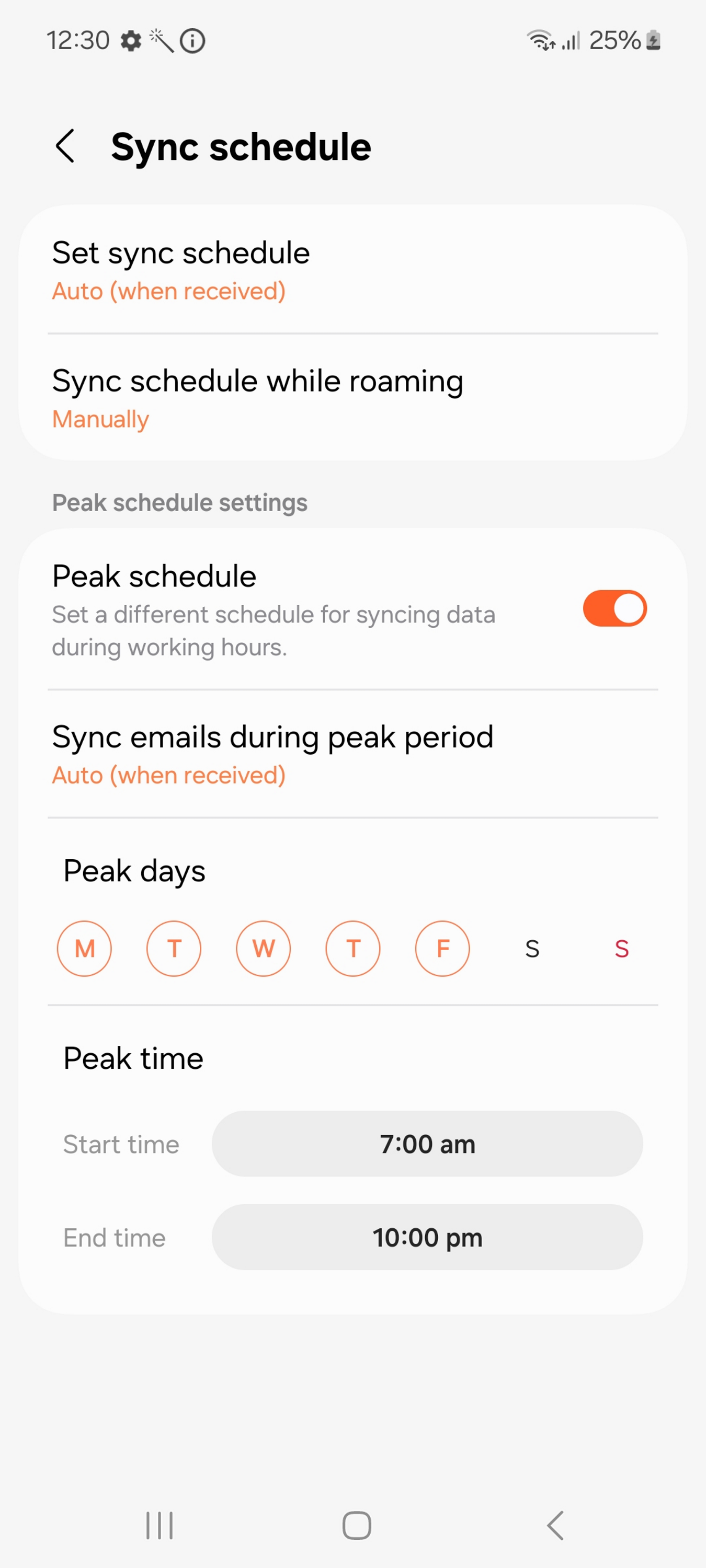 Email sync schedule settings page.