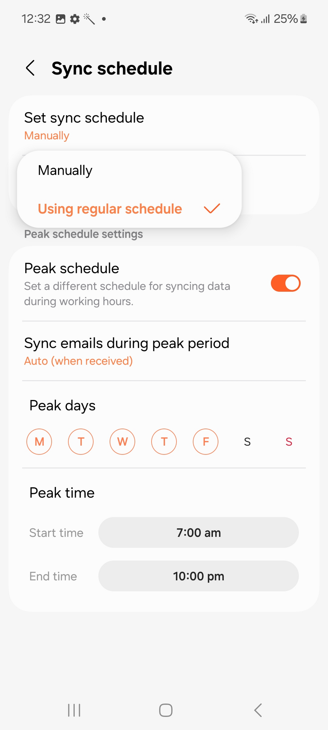 Using reguluar schedule value selected from dropdown for the Set sync schedule setting.