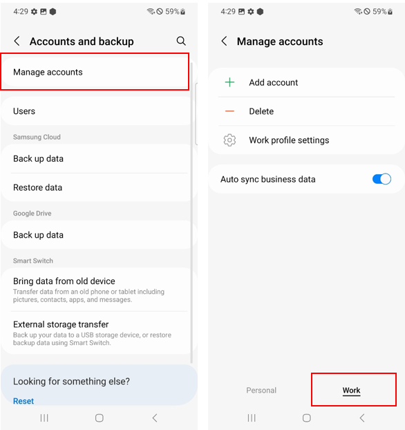 Accounts work profile