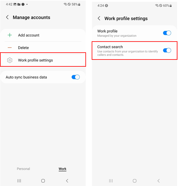 Contact search work profile