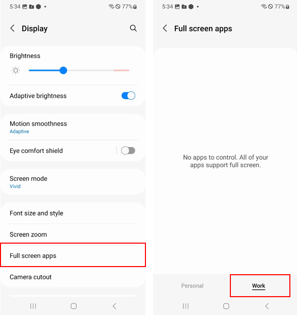 Fullscreen apps work profile