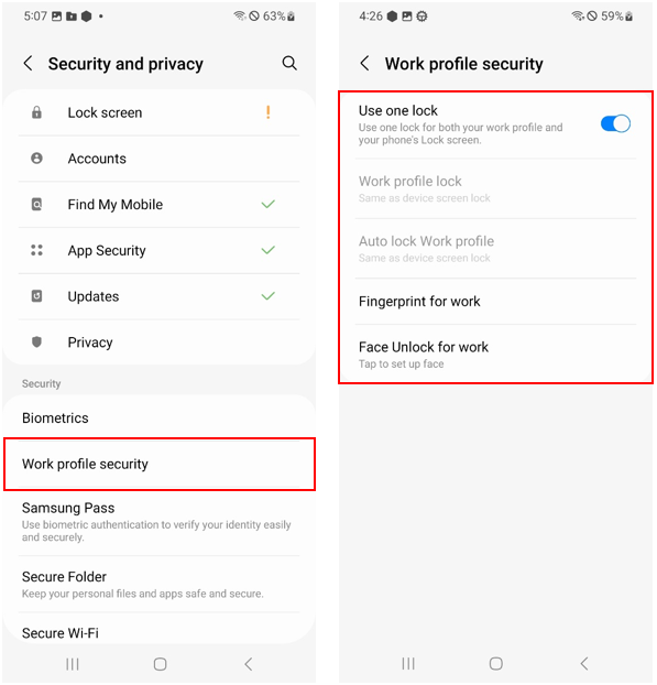 Lock settings work profile