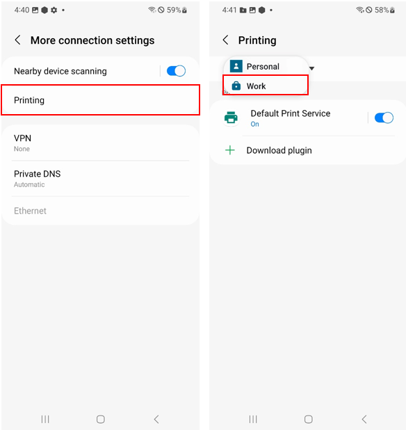 Printing work profile