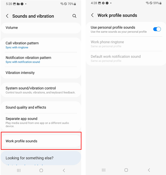 Sounds settings work profile