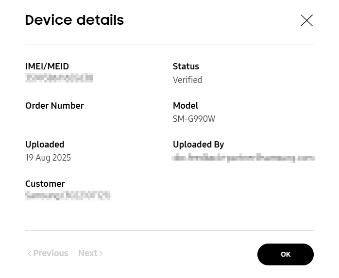 Customer's device details