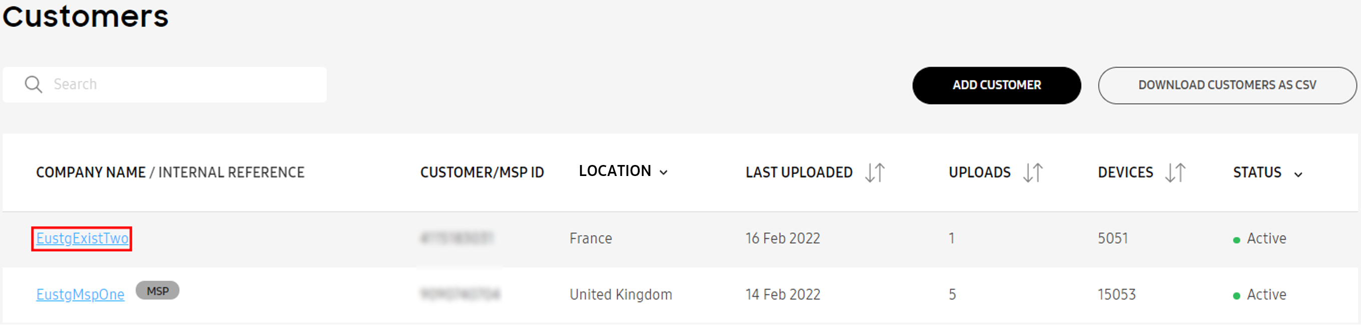Example company link on Customers page