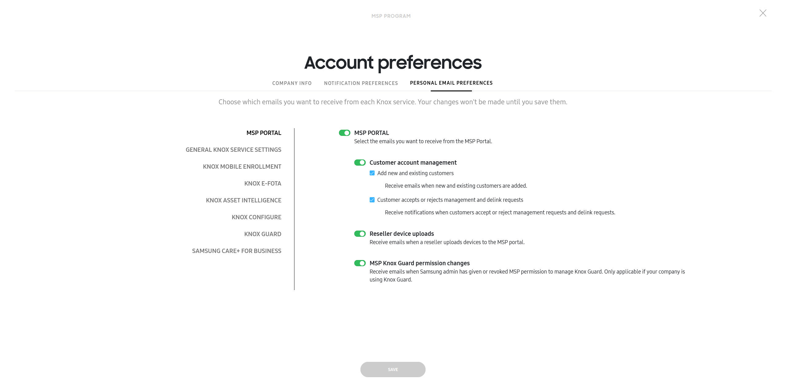 Personal email notification preferences